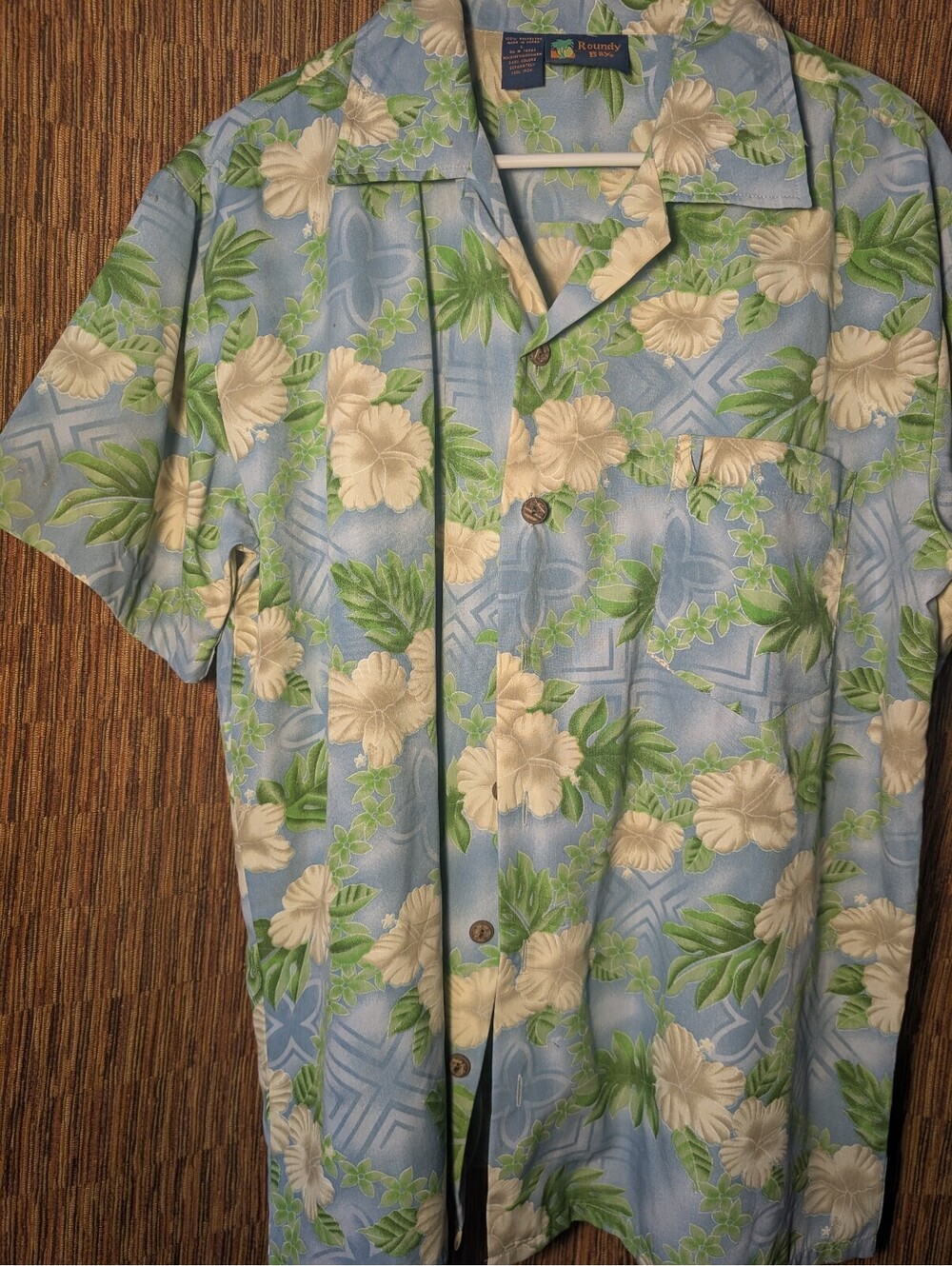 Roundy Bay Men's Hawaiian Shirt Light Blue Floral Print Size L